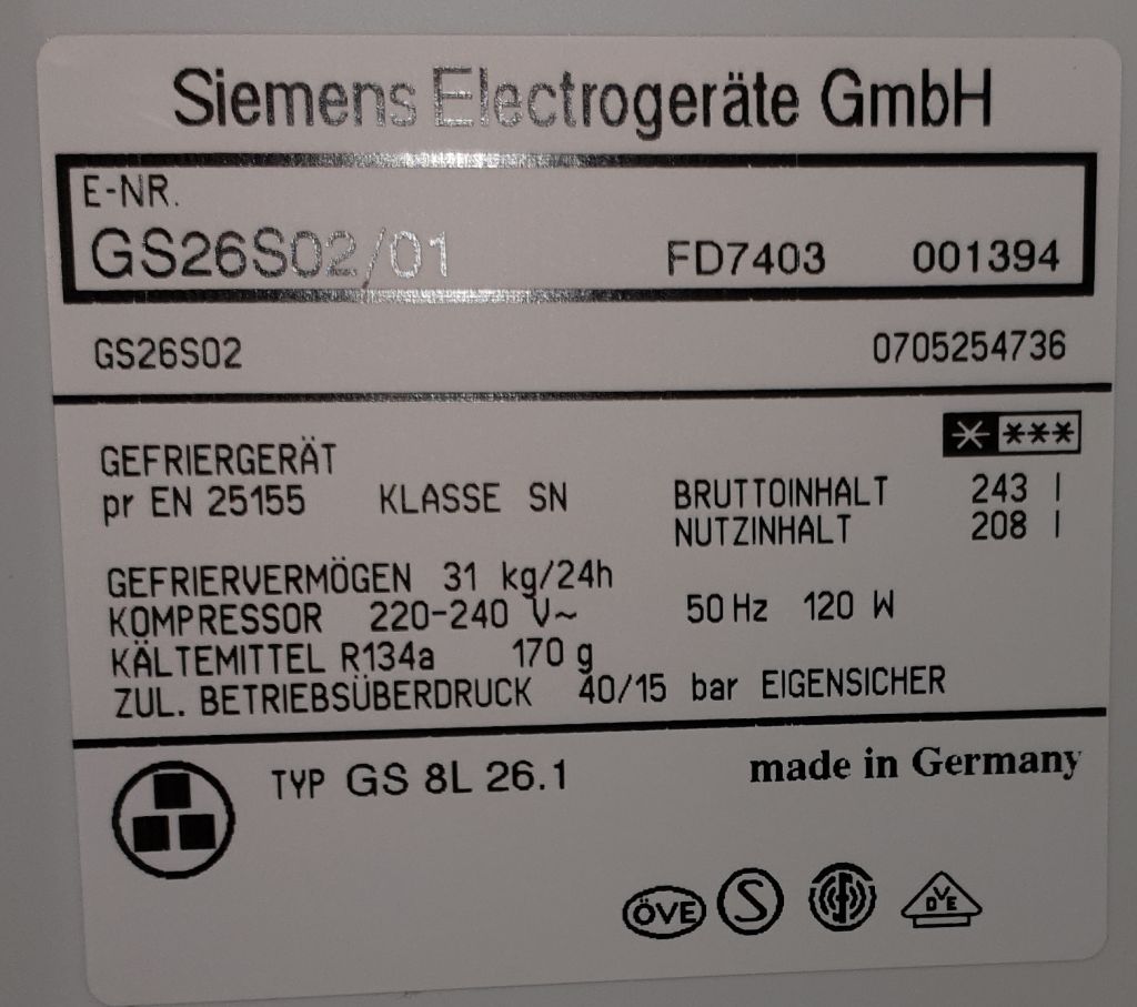 Alter und Verbrauchsdaten zu Gefrierschrank Siemens GS26S02/01 -  Mikrocontroller.net